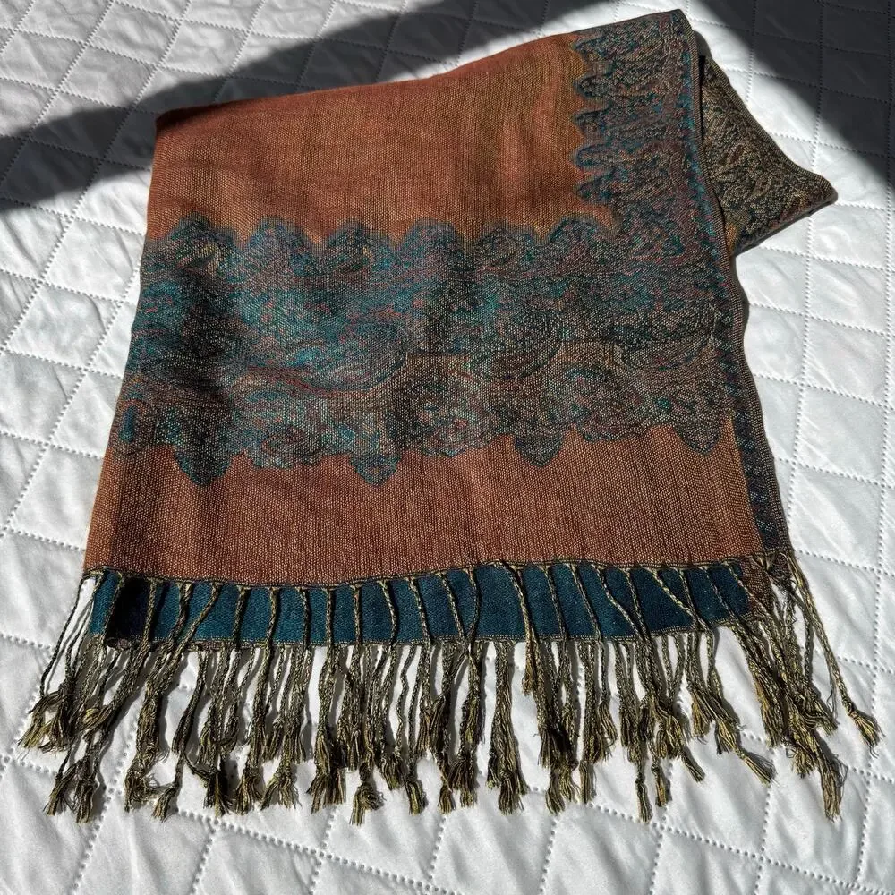 Pashmina Silk Blend Paisley Scarf Shawl Wrap Teal Bronze Reversible Fringe 72x27